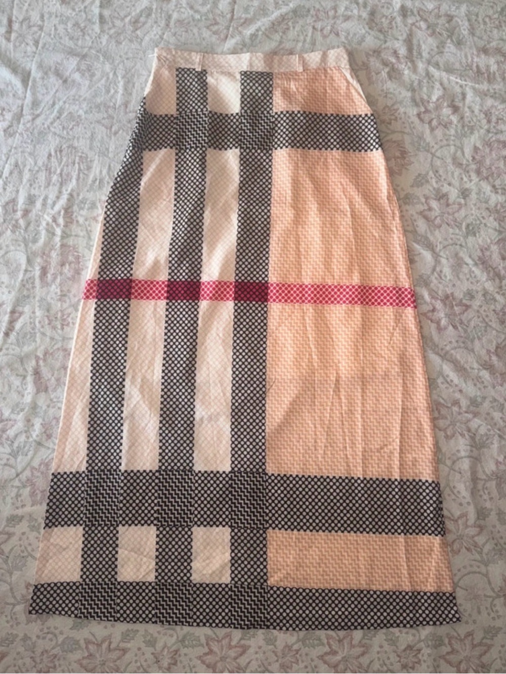 Women’s Beige Plaid Midi Skirt with Black and Pink Accents